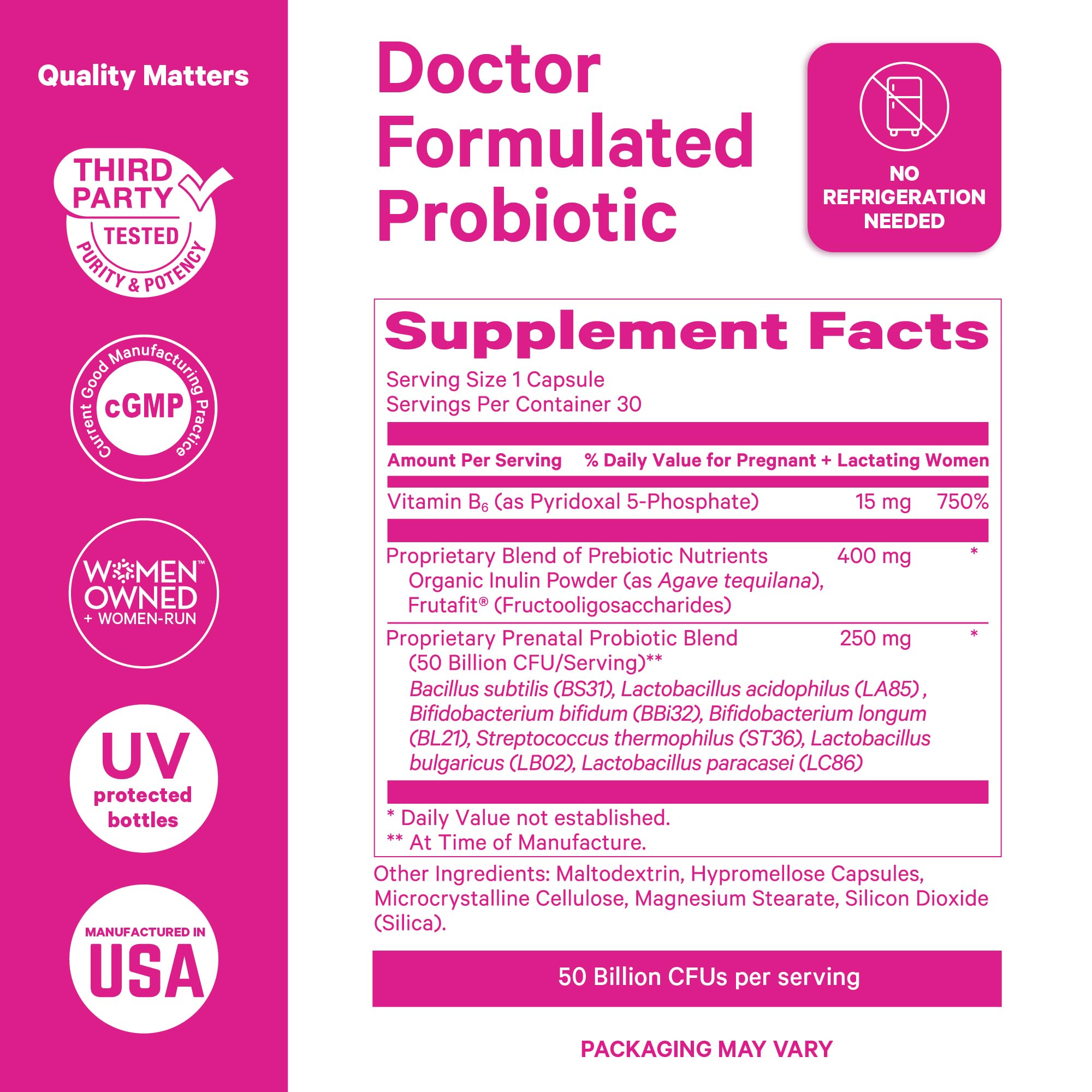 Pink Stork Prenatal Probiotic with inulin prebiotic fiber illustrates gut balance support.