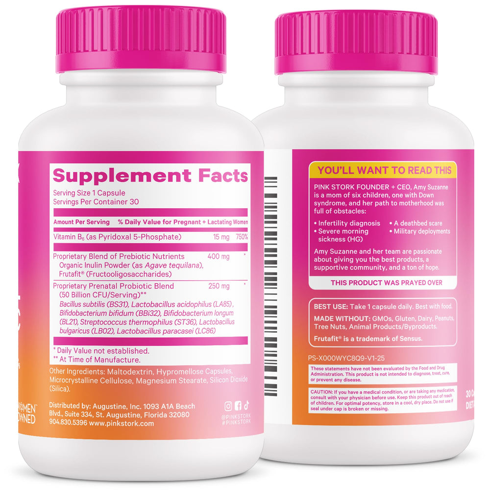 Pink Stork Prenatal Probiotic third-party tested seal signals quality and transparency.