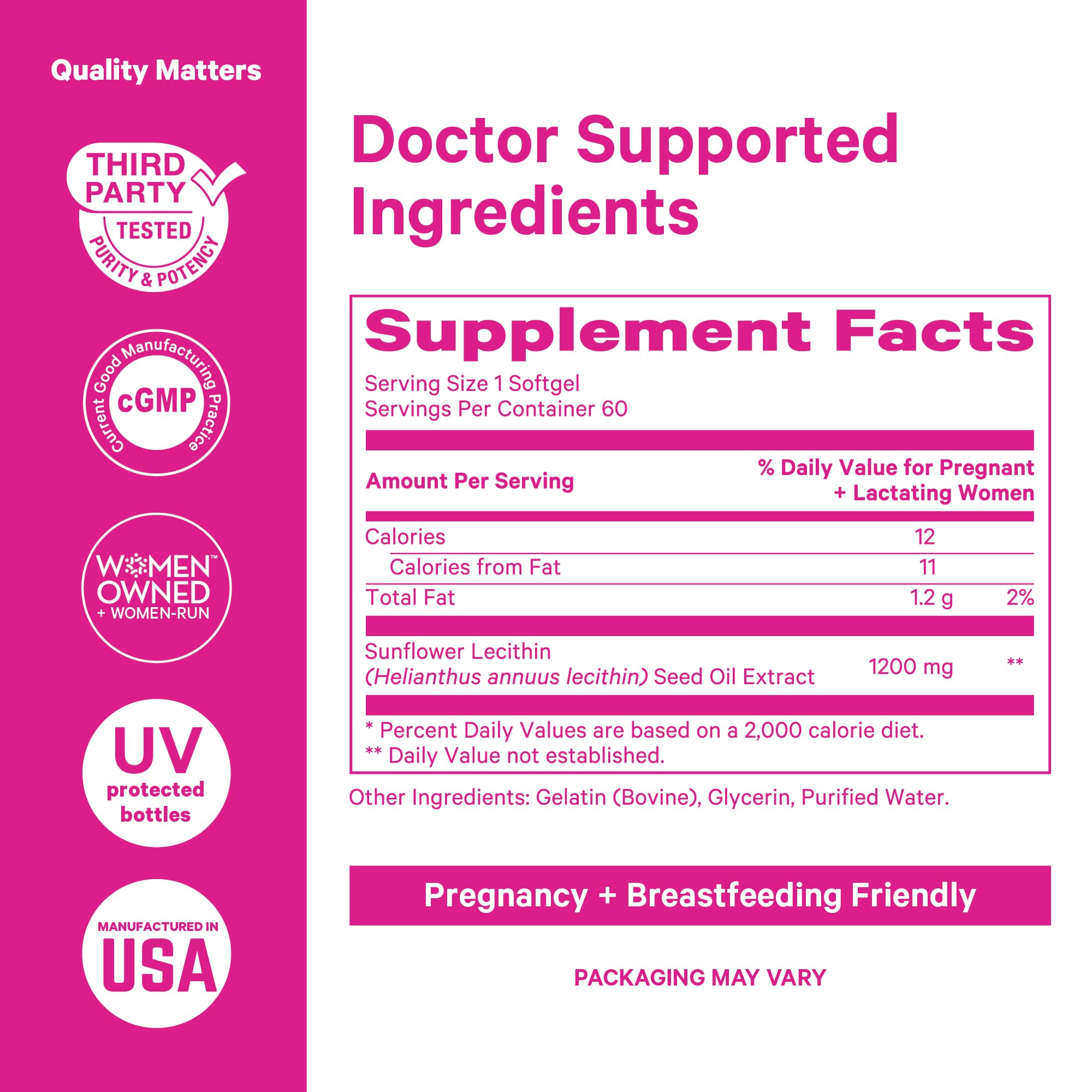Close-up of Pink Stork Sunflower Lecithin 1200 mg label on bottle