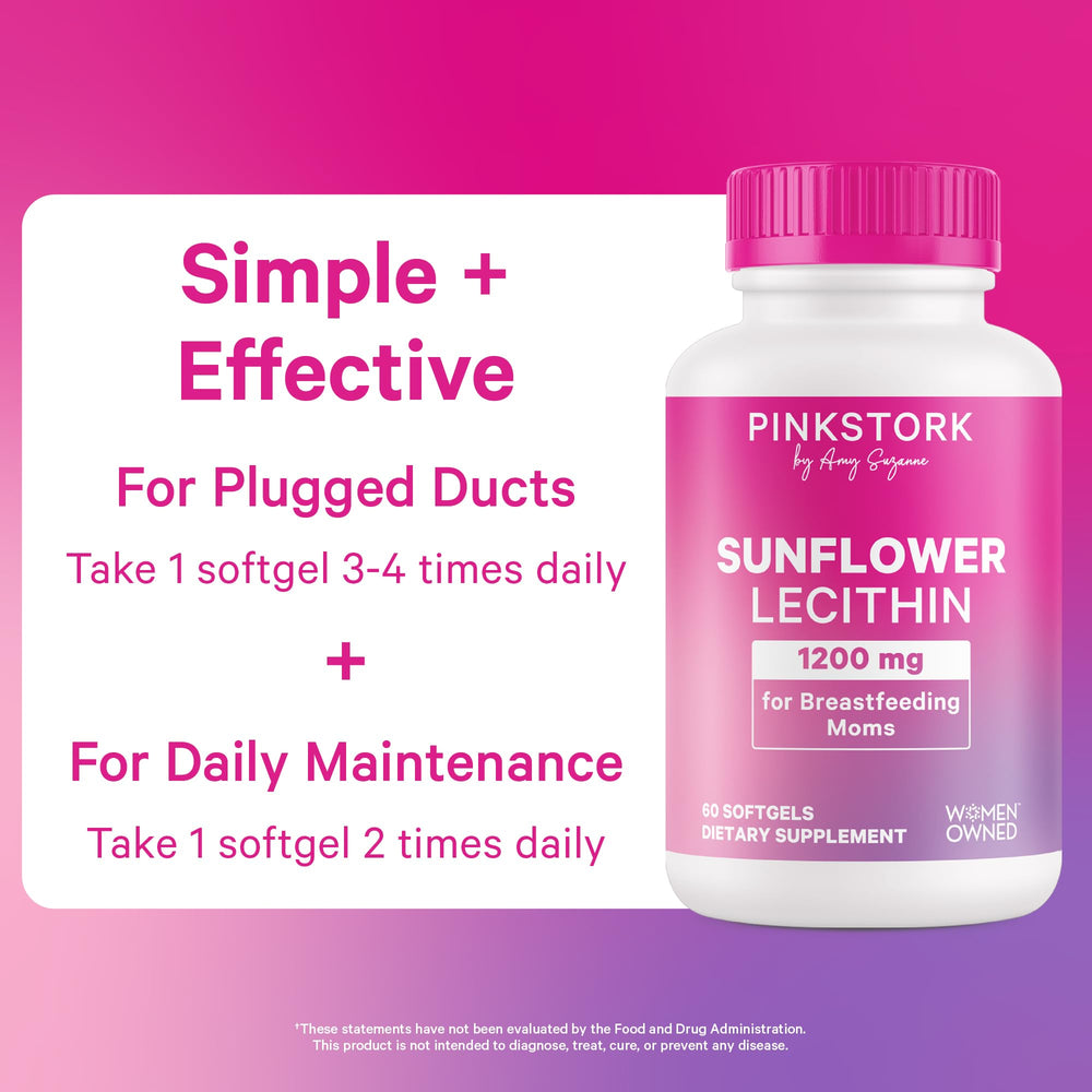 Breastfeeding mom with Pink Stork Sunflower Lecithin bottle