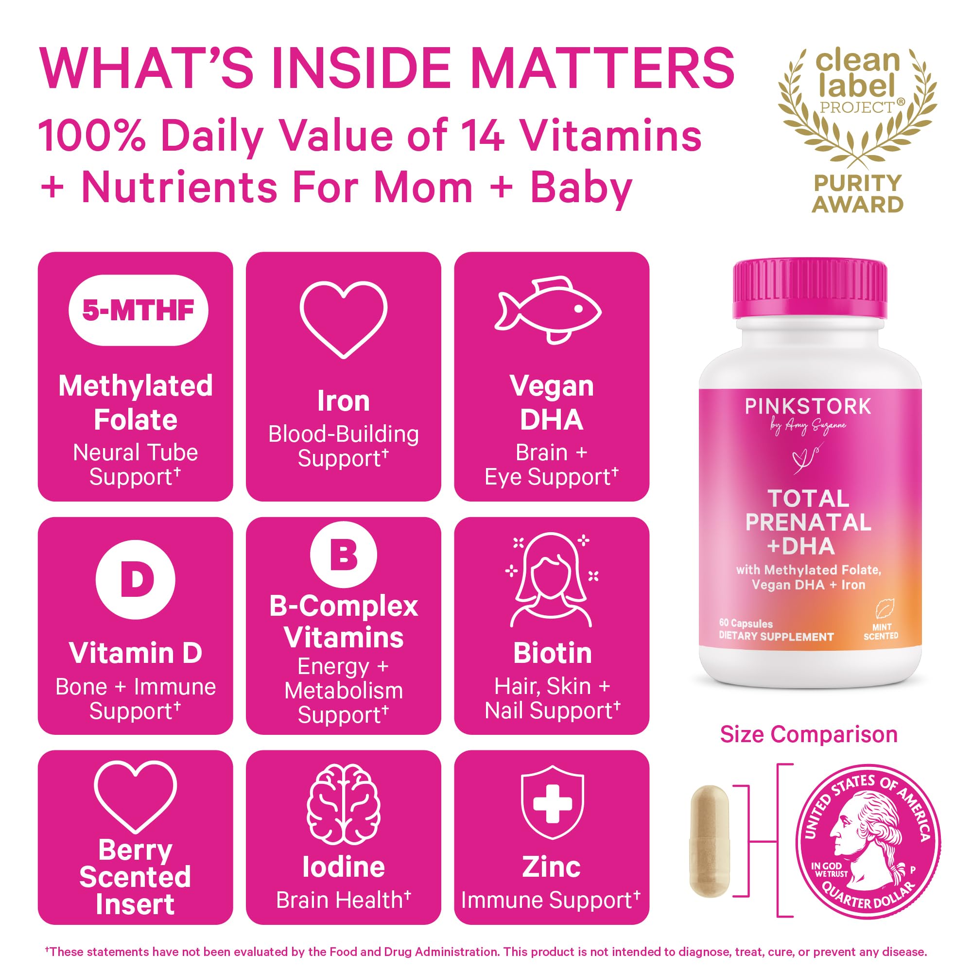 Close-up of Pink Stork Total Prenatal bottle and capsules
