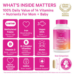 Close-up of Pink Stork Total Prenatal bottle and capsules