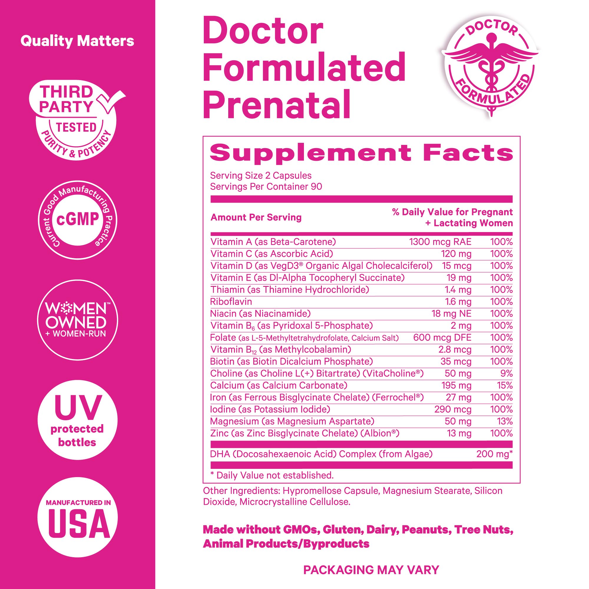 Ingredients list including methylfolate, choline, iron, and zinc