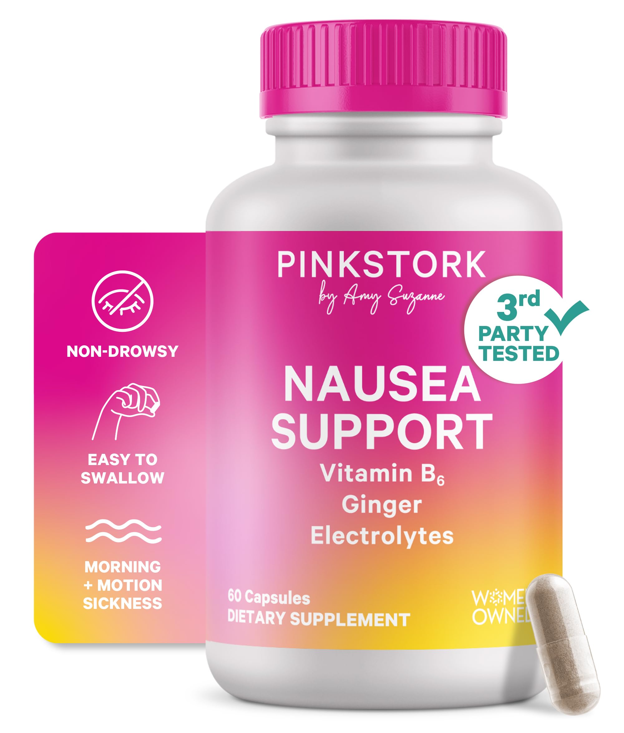Pink Stork vitamin B6 ginger electrolyte bottle shows gentle digestion support for travel.
