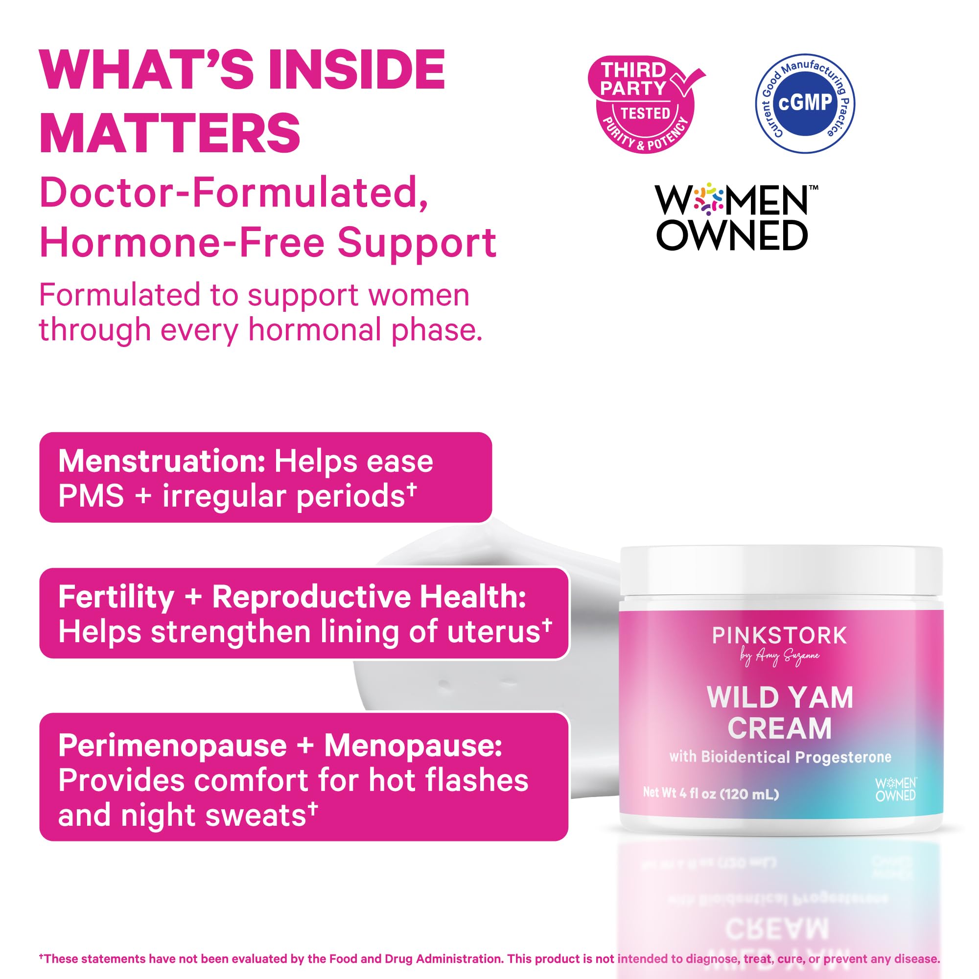 Pink Stork Wild Yam Cream applied to the wrist for easy daily use and balance.