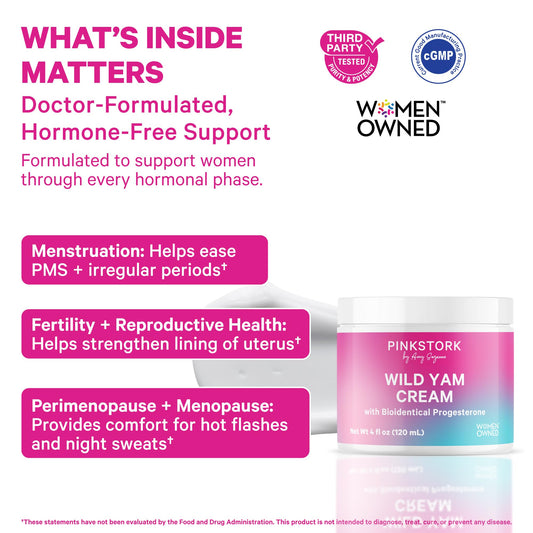 Pink Stork Wild Yam Cream applied to the wrist for easy daily use and balance.