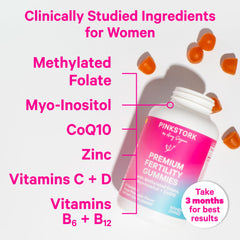 Pink Stork Fertility Gummies for Women ingredients highlighted with key nutrients
