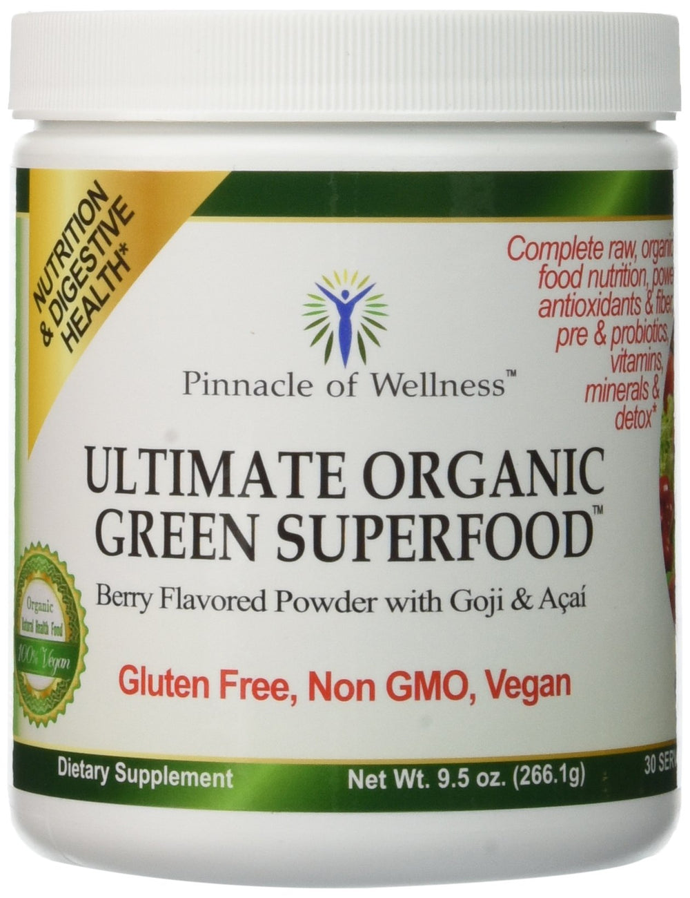 Front view of Pinnacle of Wellness Berry Green Superfood Powder canister
