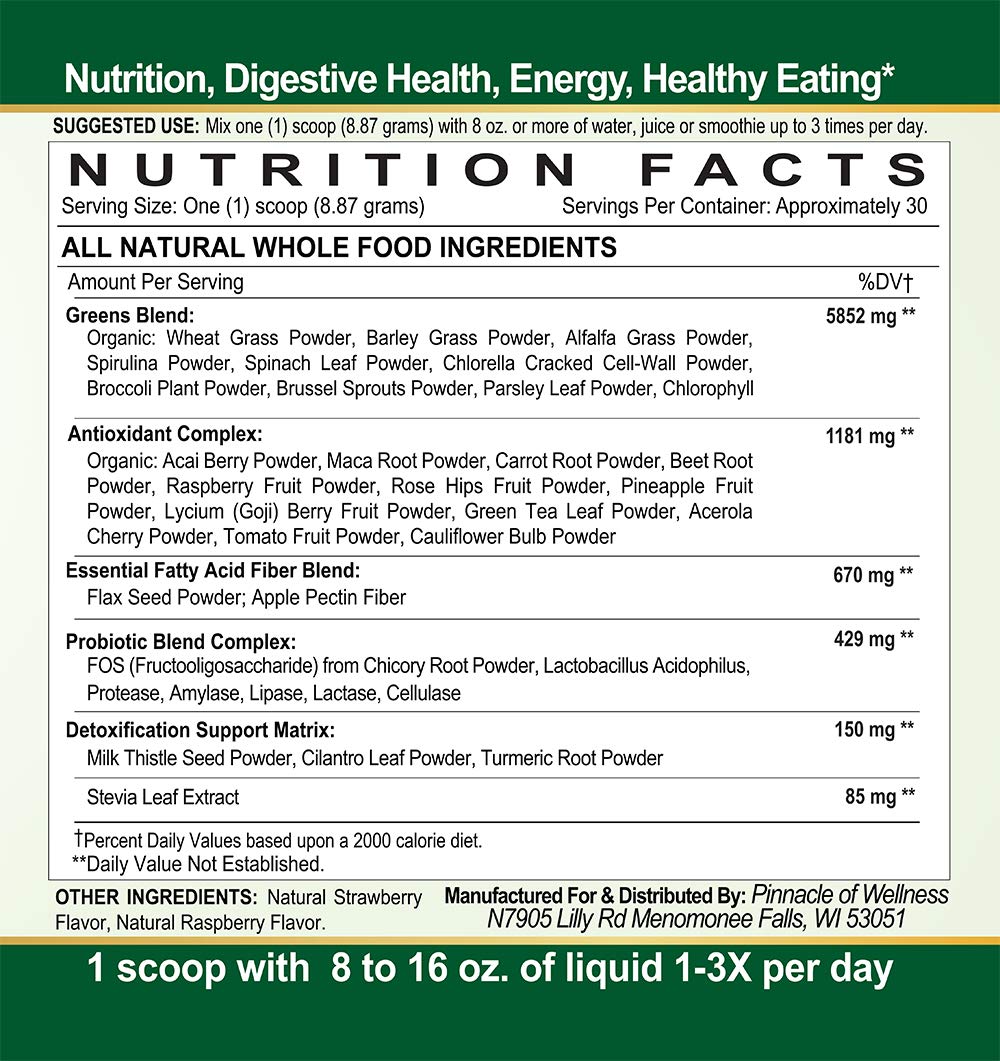 Pinnacle of Wellness Berry Green Superfood Powder label