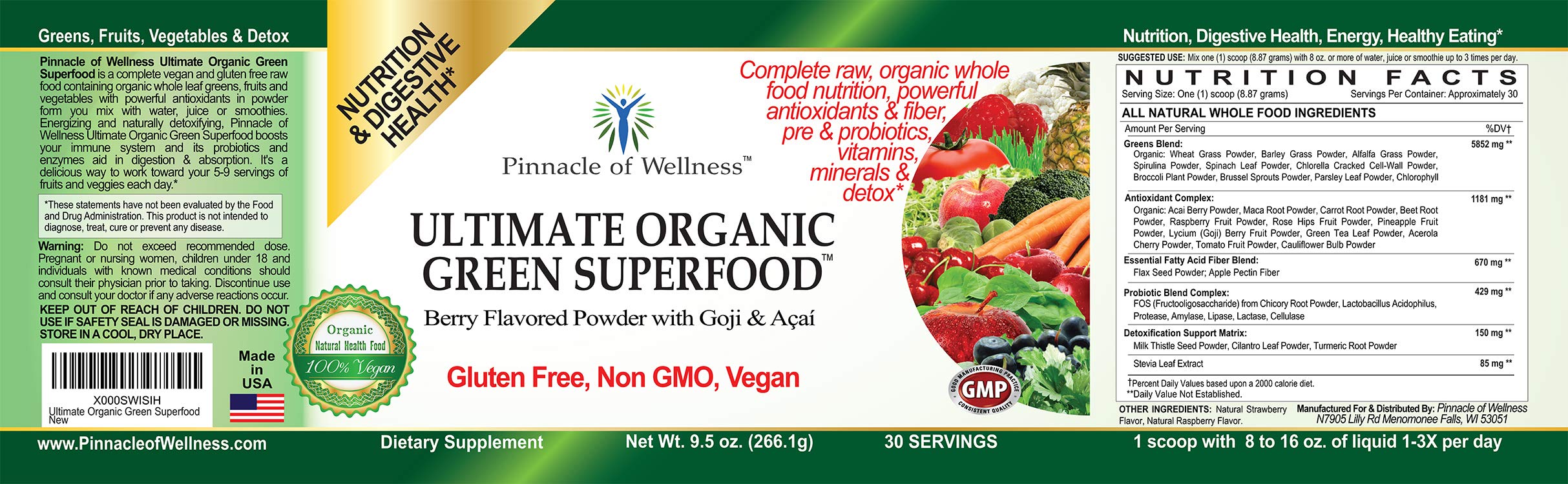 Nutrition facts label for Pinnacle of Wellness Berry Green Superfood Powder
