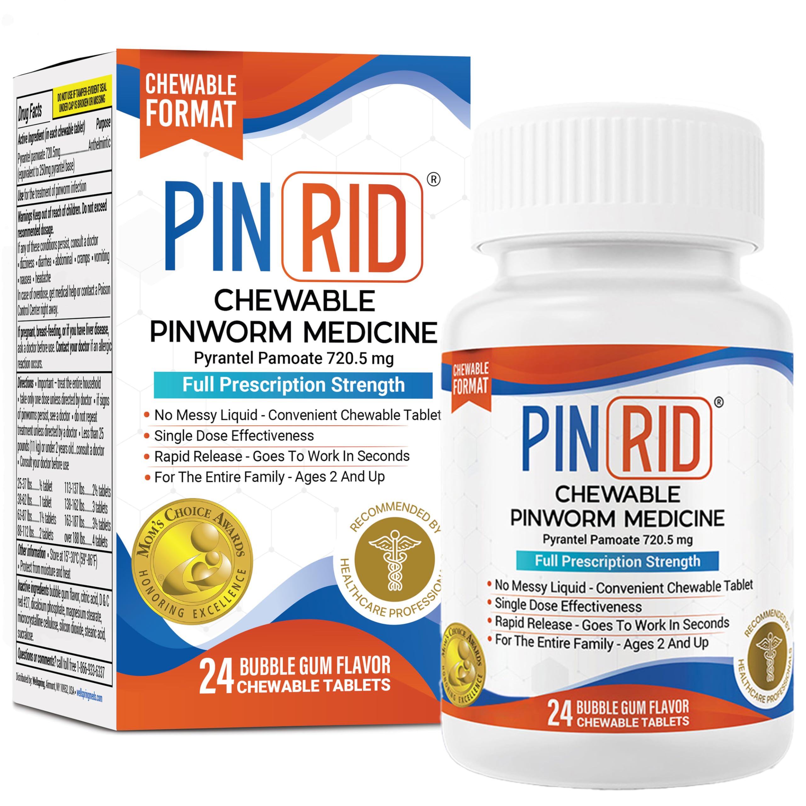 Bubblegum-flavored PinRid chewable tablets, 24 doses, 250 mg Pyrantel Pamoate