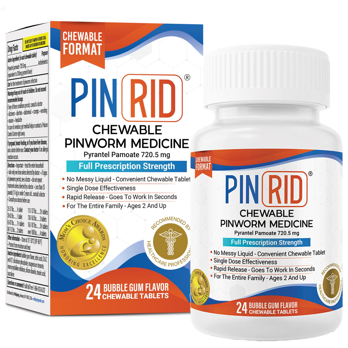 Bubblegum-flavored PinRid chewable tablets, 24 doses, 250 mg Pyrantel Pamoate