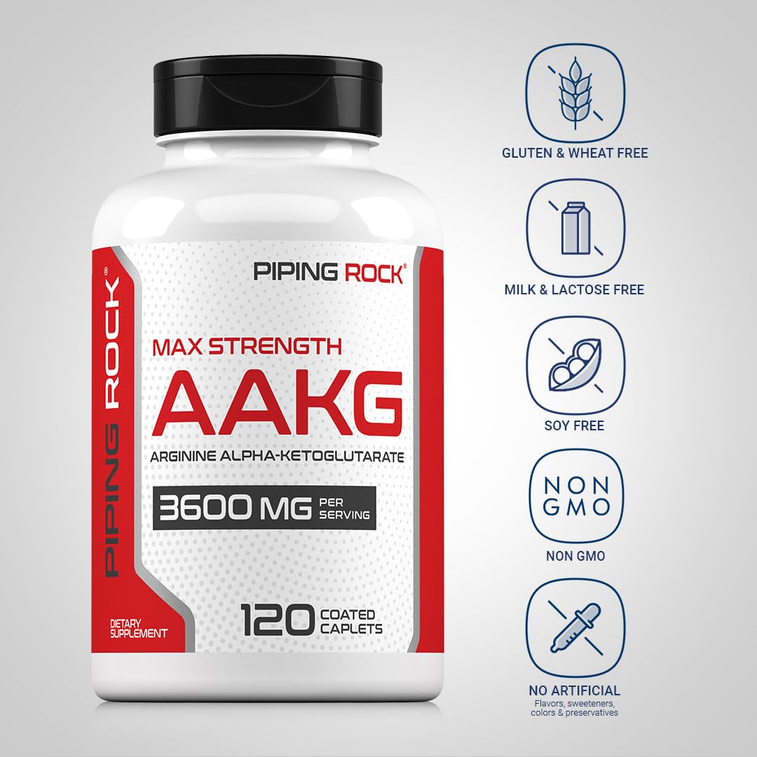 Piping Rock label and supplement facts panel showing AAKG 3600 mg per serving and quality details