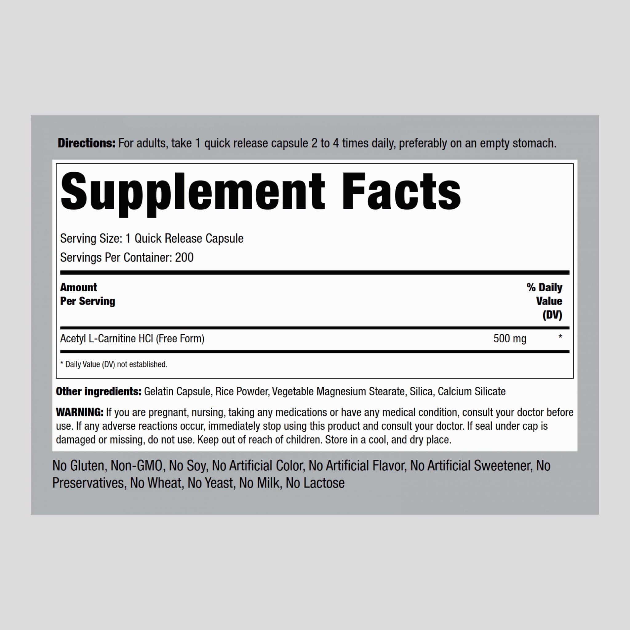 Back of Piping Rock Acetyl L-Carnitine HCL 500 mg bottle showing supplement facts