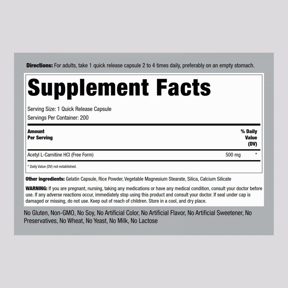 Back of Piping Rock Acetyl L-Carnitine HCL 500 mg bottle showing supplement facts