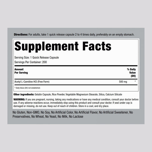 Back of Piping Rock Acetyl L-Carnitine HCL 500 mg bottle showing supplement facts