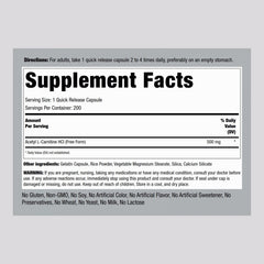 Back of Piping Rock Acetyl L-Carnitine HCL 500 mg bottle showing supplement facts