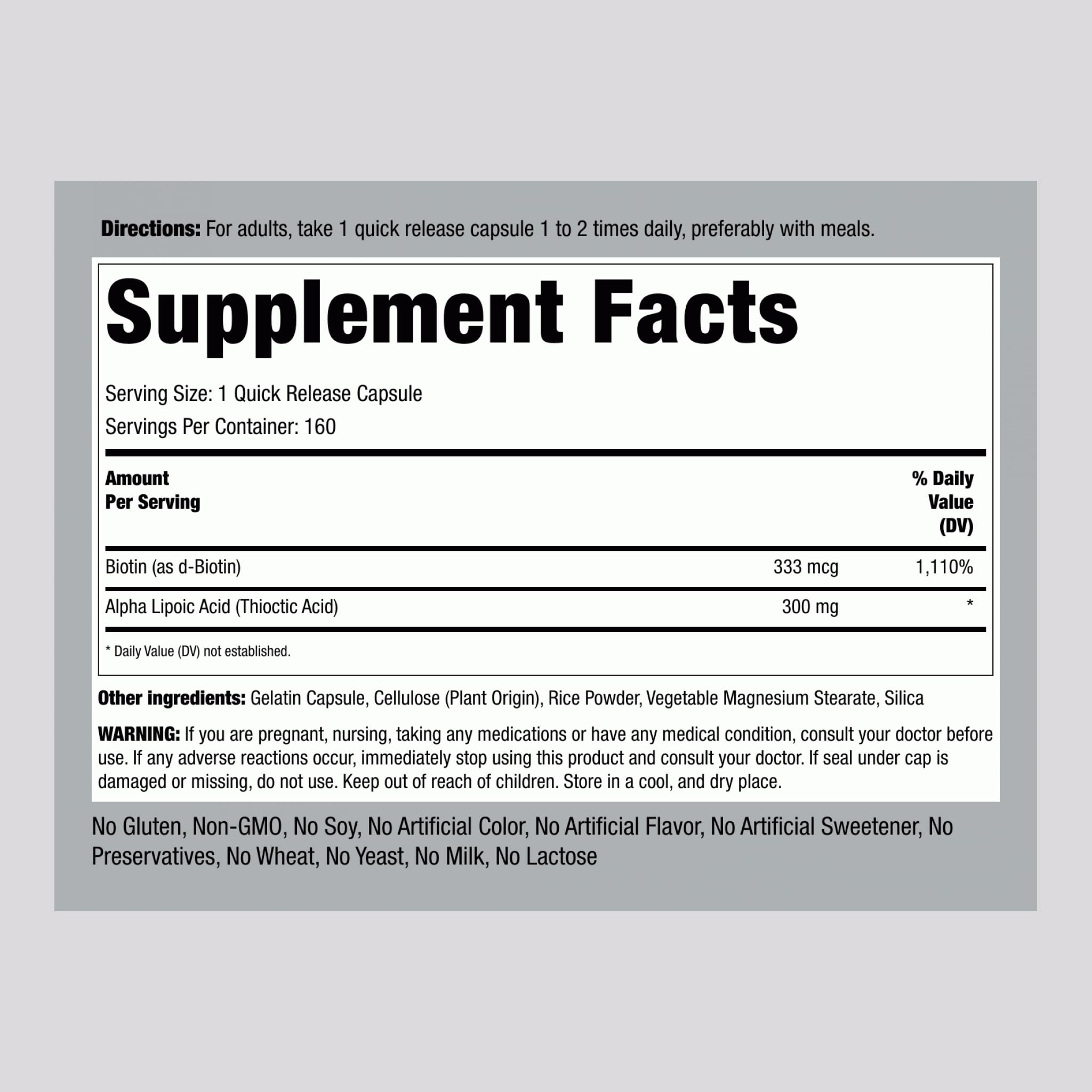 Supplement facts panel for Alpha Lipoic Acid 300mg