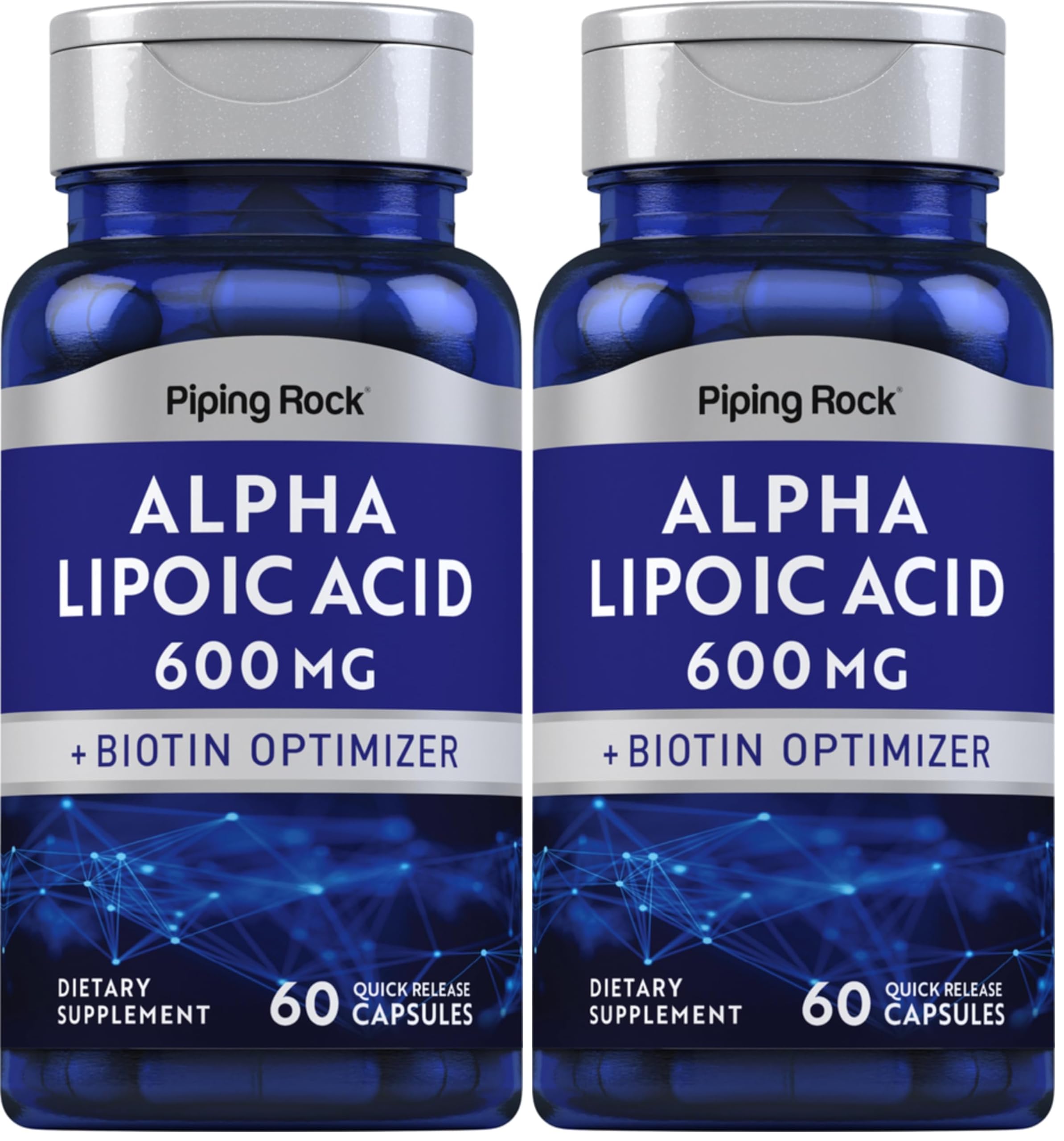 Bottle of Piping Rock Alpha Lipoic Acid 600mg with Biotin Optimizer, 60 capsules, pack of 2