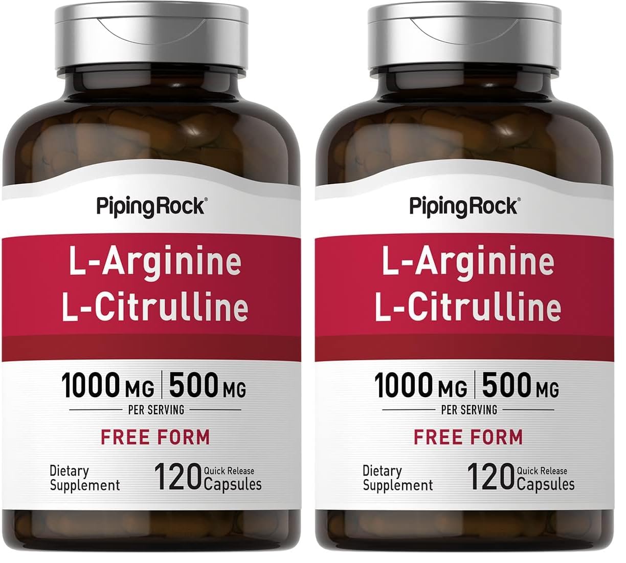Piping Rock L-Arginine L-Citrulline bottle with label showing 1500 mg
