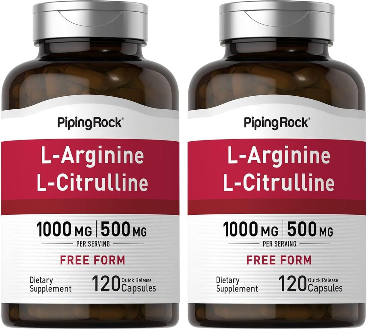 Piping Rock L-Arginine L-Citrulline bottle with label showing 1500 mg