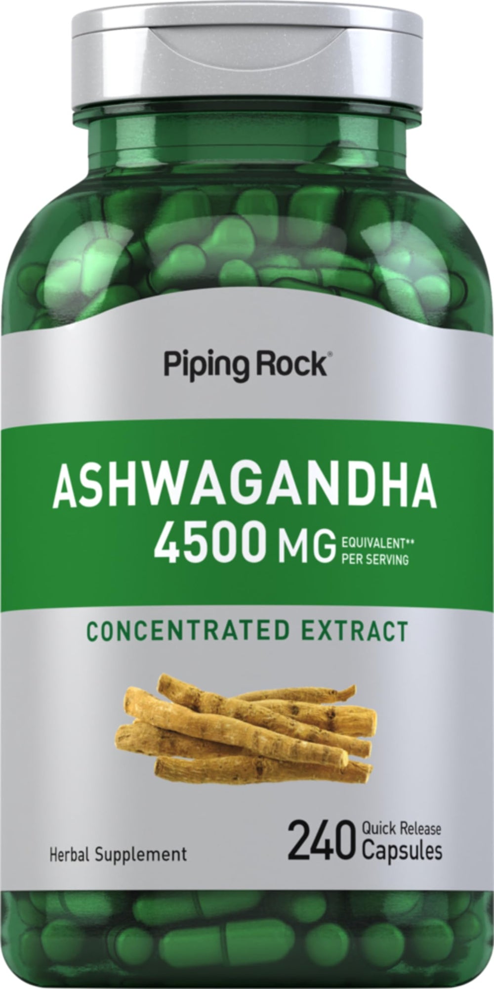Front view of Piping Rock Ashwagandha 4500mg bottle with 240 capsules