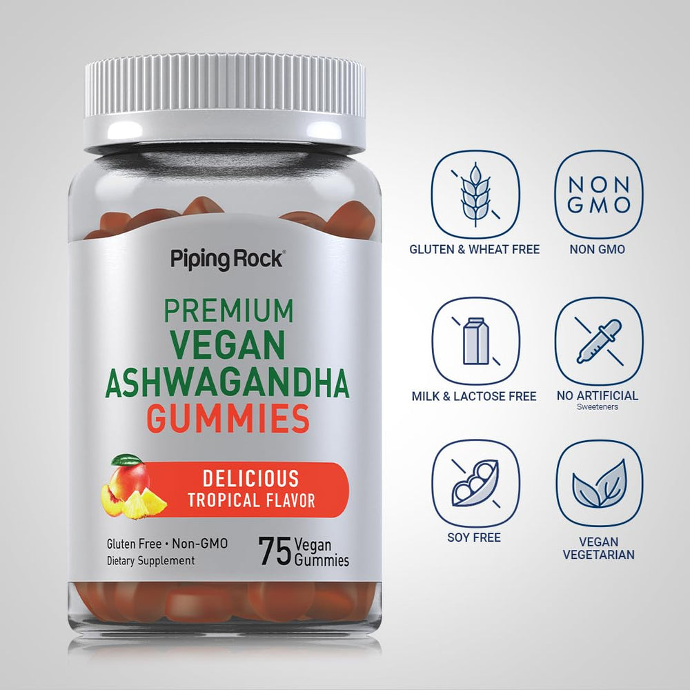Close-up gummy texture of Piping Rock ashwagandha, easy chewability highlighted