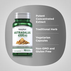 Piping Rock astragalus bottle held in hand showing 90 capsule supply and scale