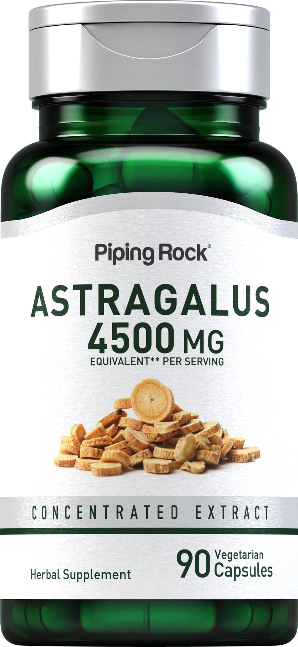 Piping Rock front packaging of astragalus capsules showing bottle and label benefits