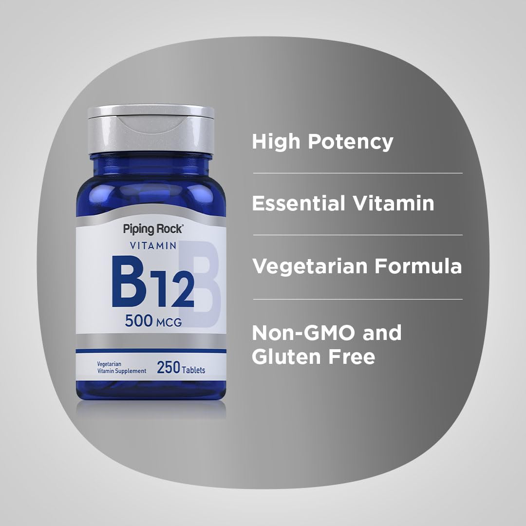 Piping Rock B12 bottle beside common objects showing scale and convenience