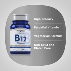 Piping Rock B12 bottle beside common objects showing scale and convenience
