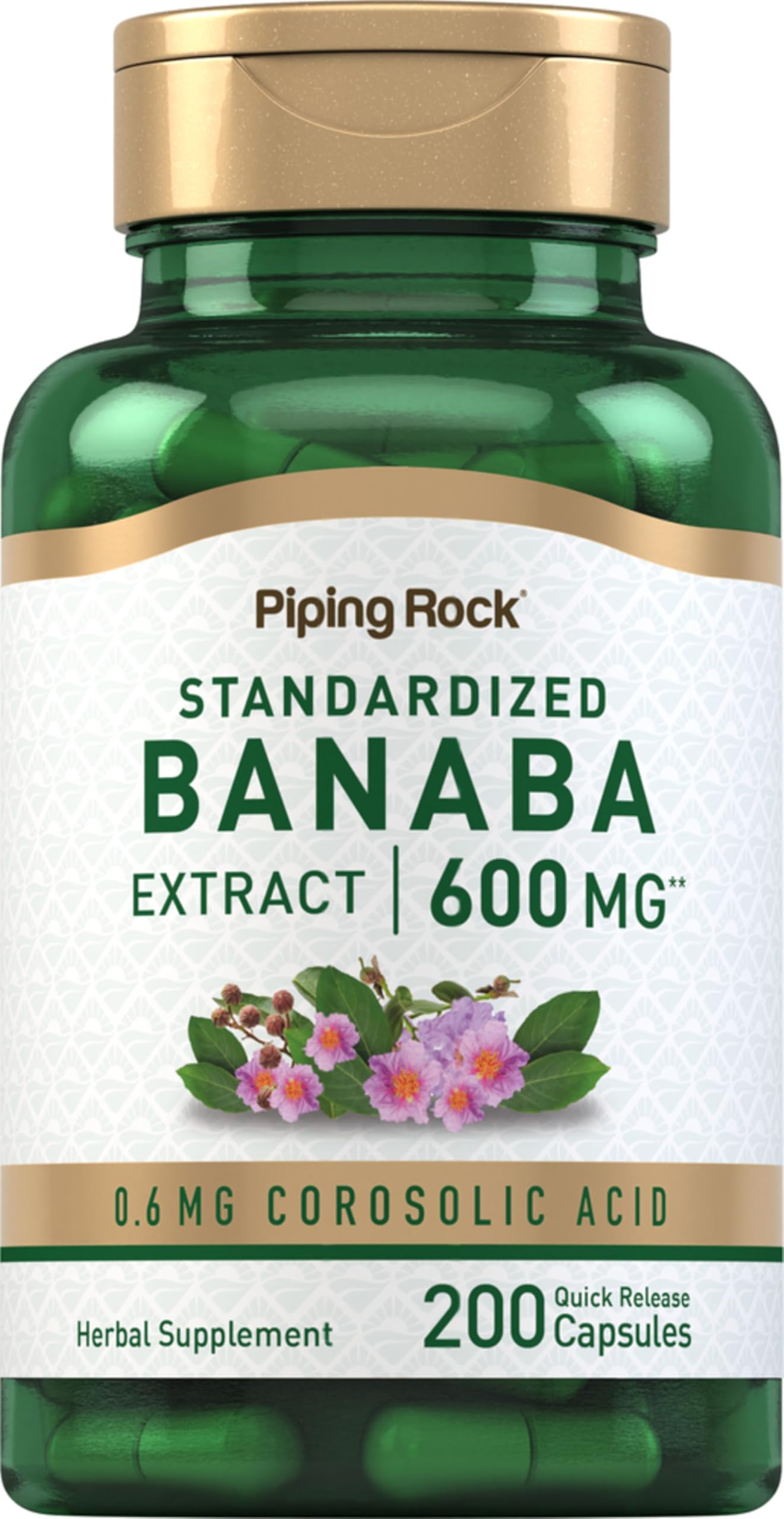 Piping Rock Banaba Leaf Extract Capsules bottle label - 600mg