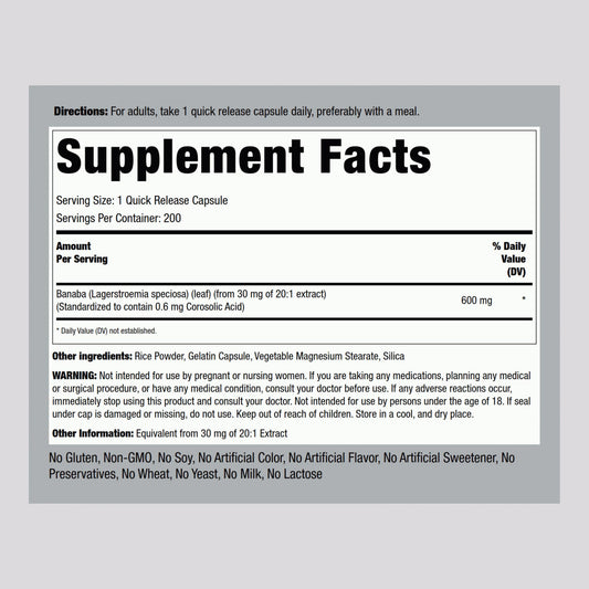 Close-up of Banaba leaf extract capsules bottle