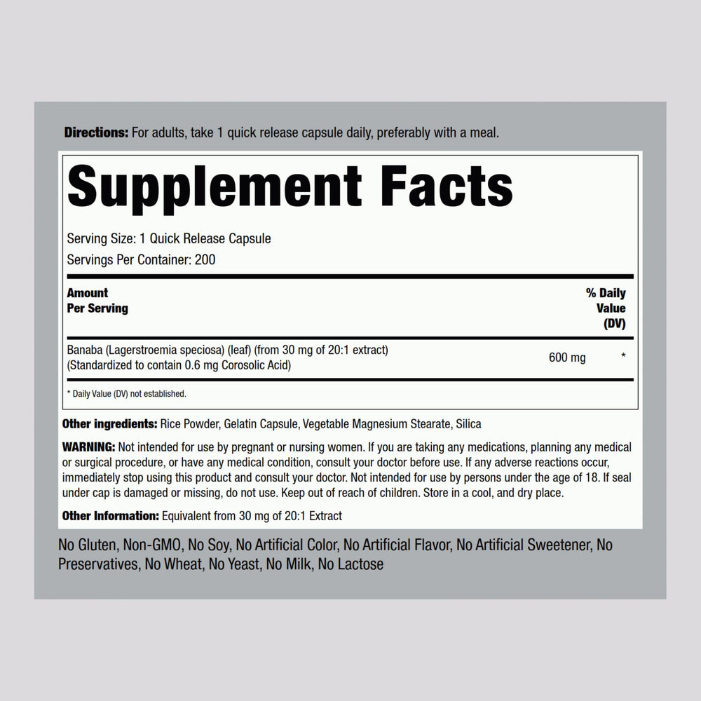 Close-up of Banaba leaf extract capsules showing 600 mg