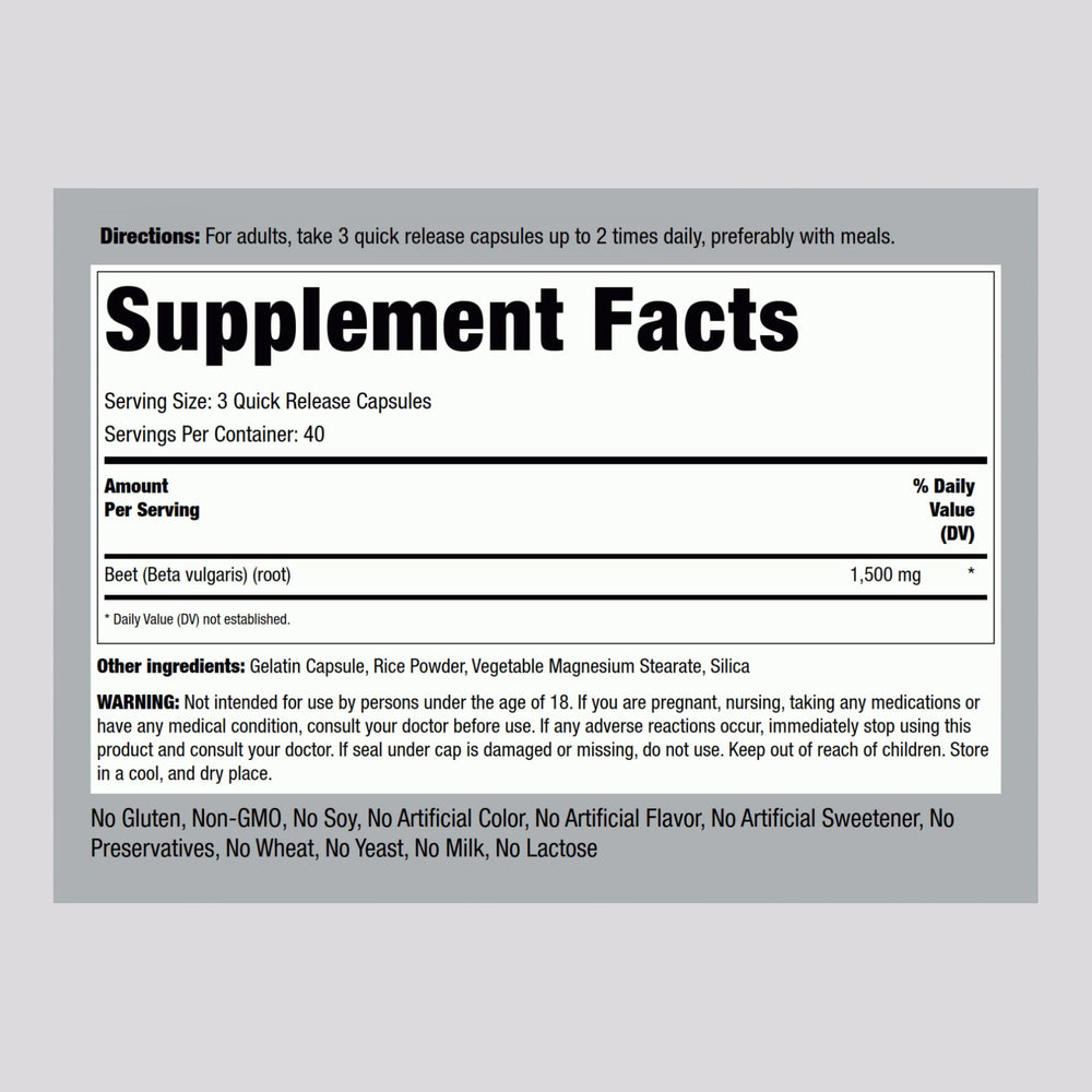 Back view of Piping Rock Beet Root Capsules bottle showing label