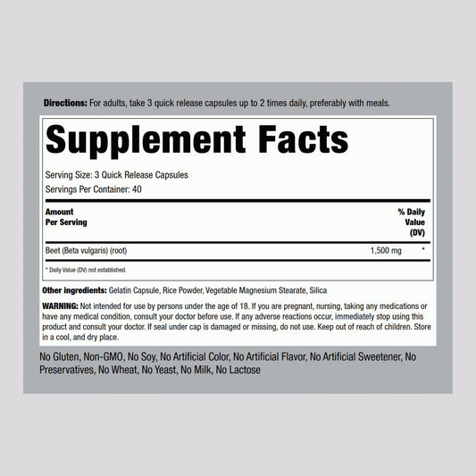Back view of Piping Rock Beet Root Capsules bottle showing label