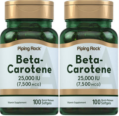 Front view of Piping Rock Beta Carotene Softgels bottle showing 25,000 IU per softgel