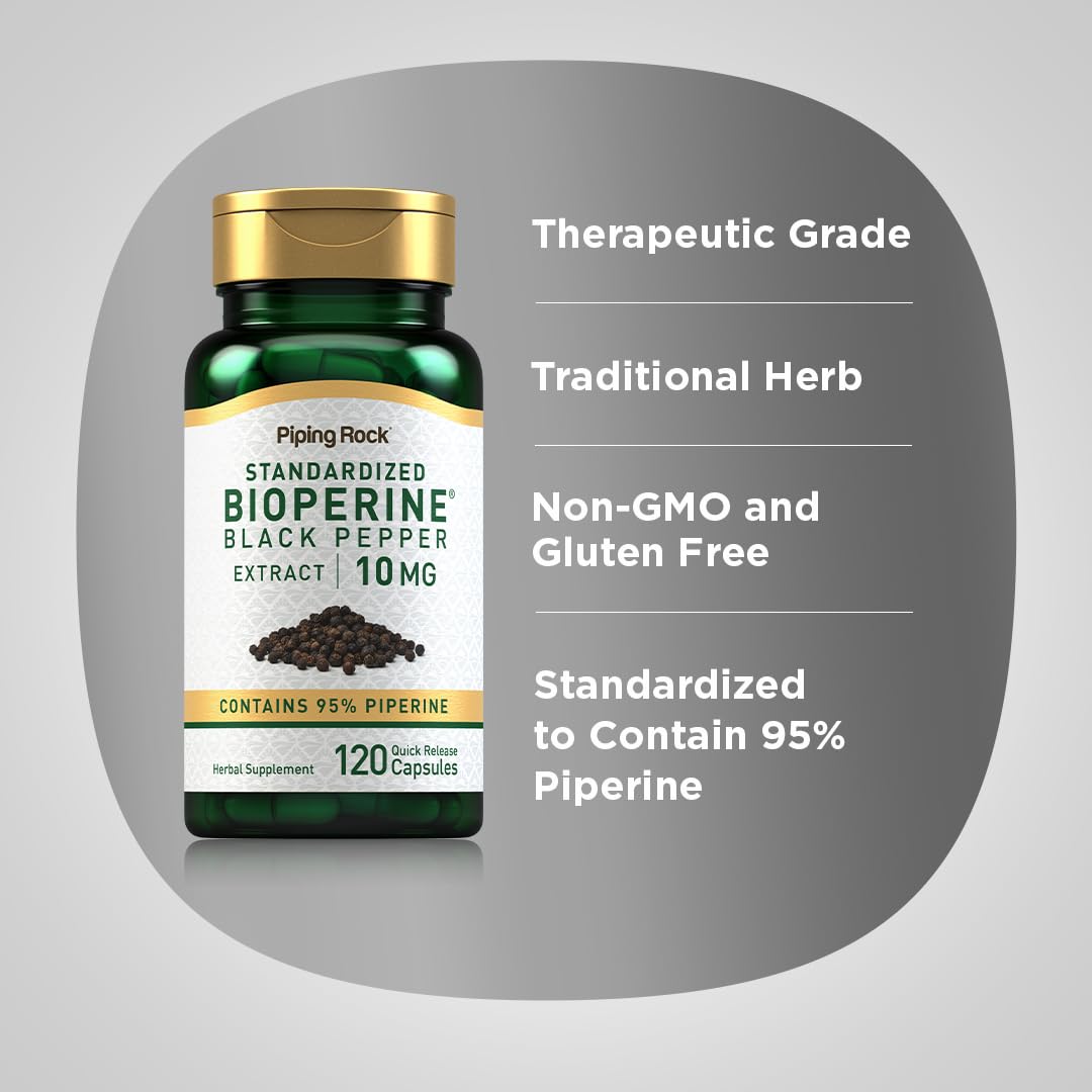 Spread of Piping Rock Bioperine capsules on a surface, illustrating capsule count and consistency