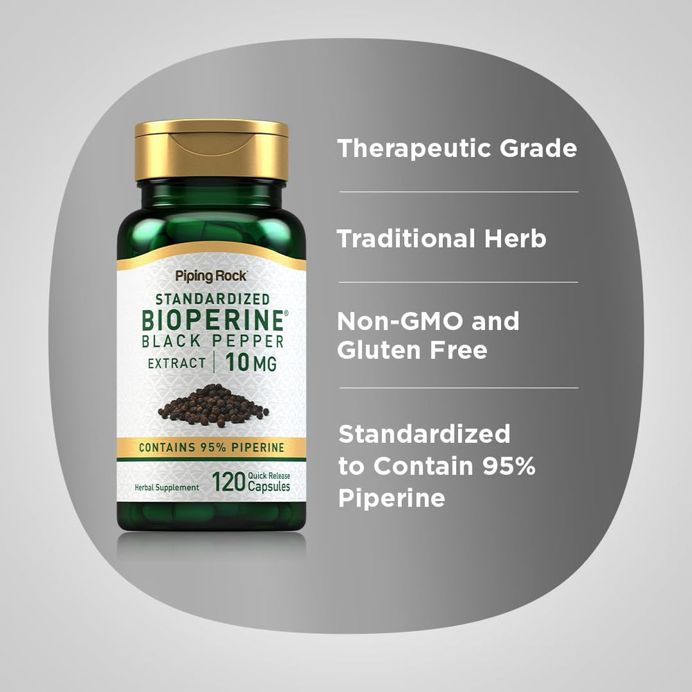 Spread of Piping Rock Bioperine capsules on a surface, illustrating capsule count and consistency
