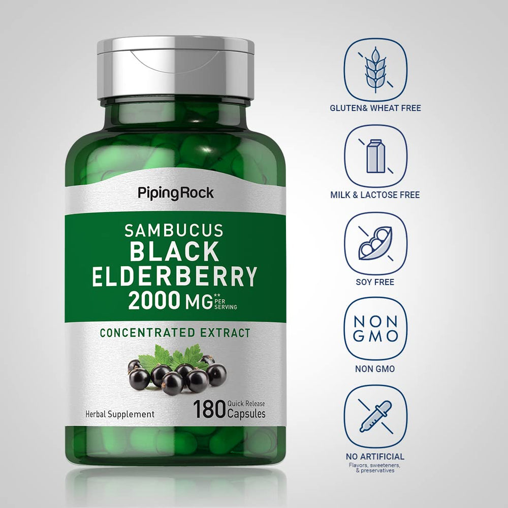 Close-up of Black Elderberry Capsules (2000mg) on bottle