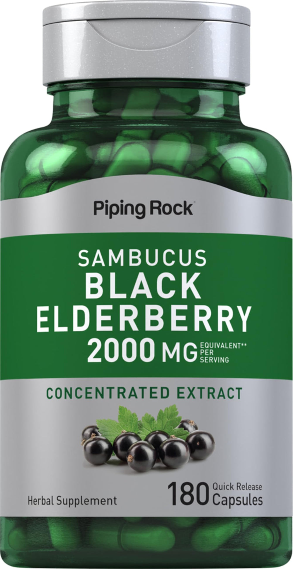 Front view of Piping Rock Black Elderberry Capsules bottle, 180 count
