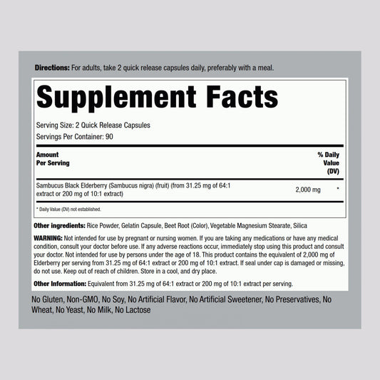 Packaging of Piping Rock Black Elderberry Capsules with label