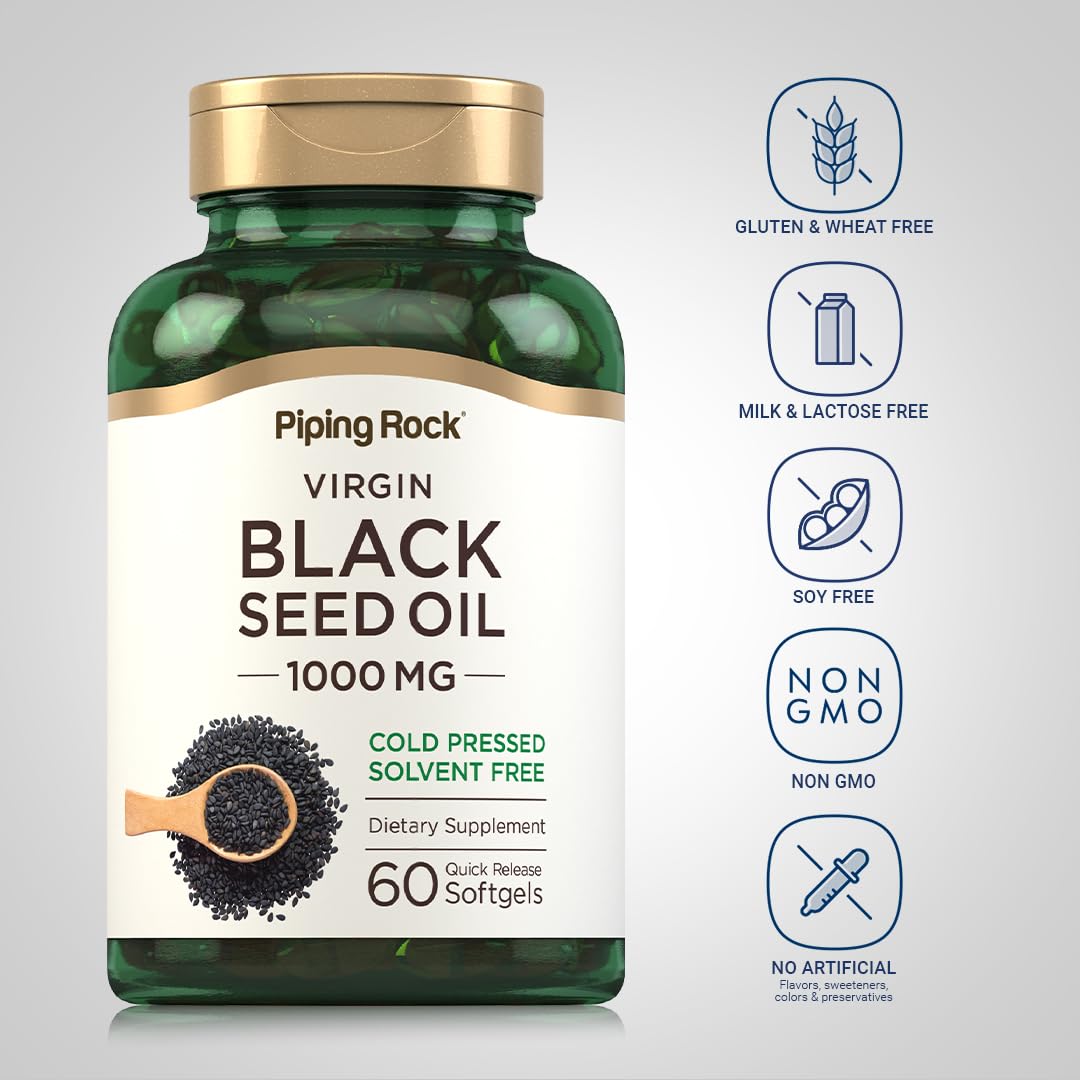 Front view of Piping Rock bottle with Black Seed Oil Softgels