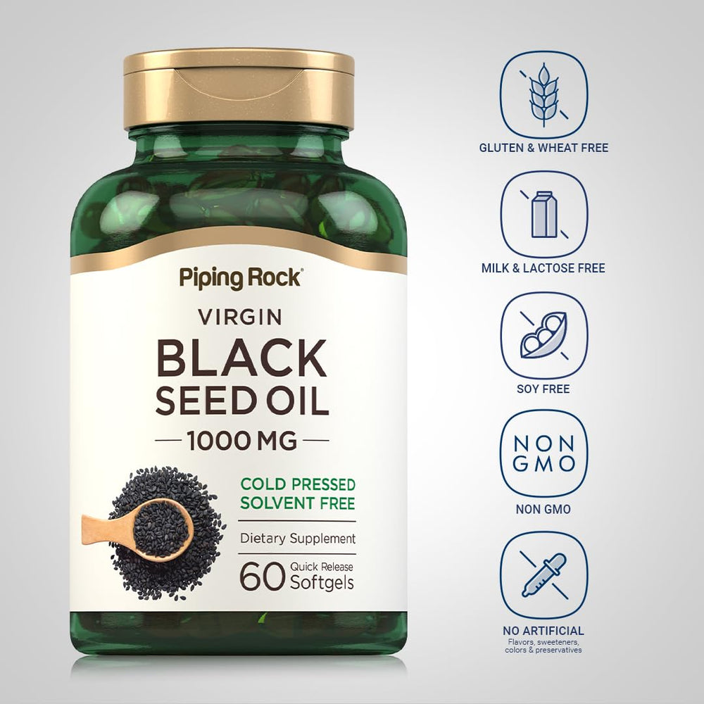 Front view of Piping Rock bottle with Black Seed Oil Softgels