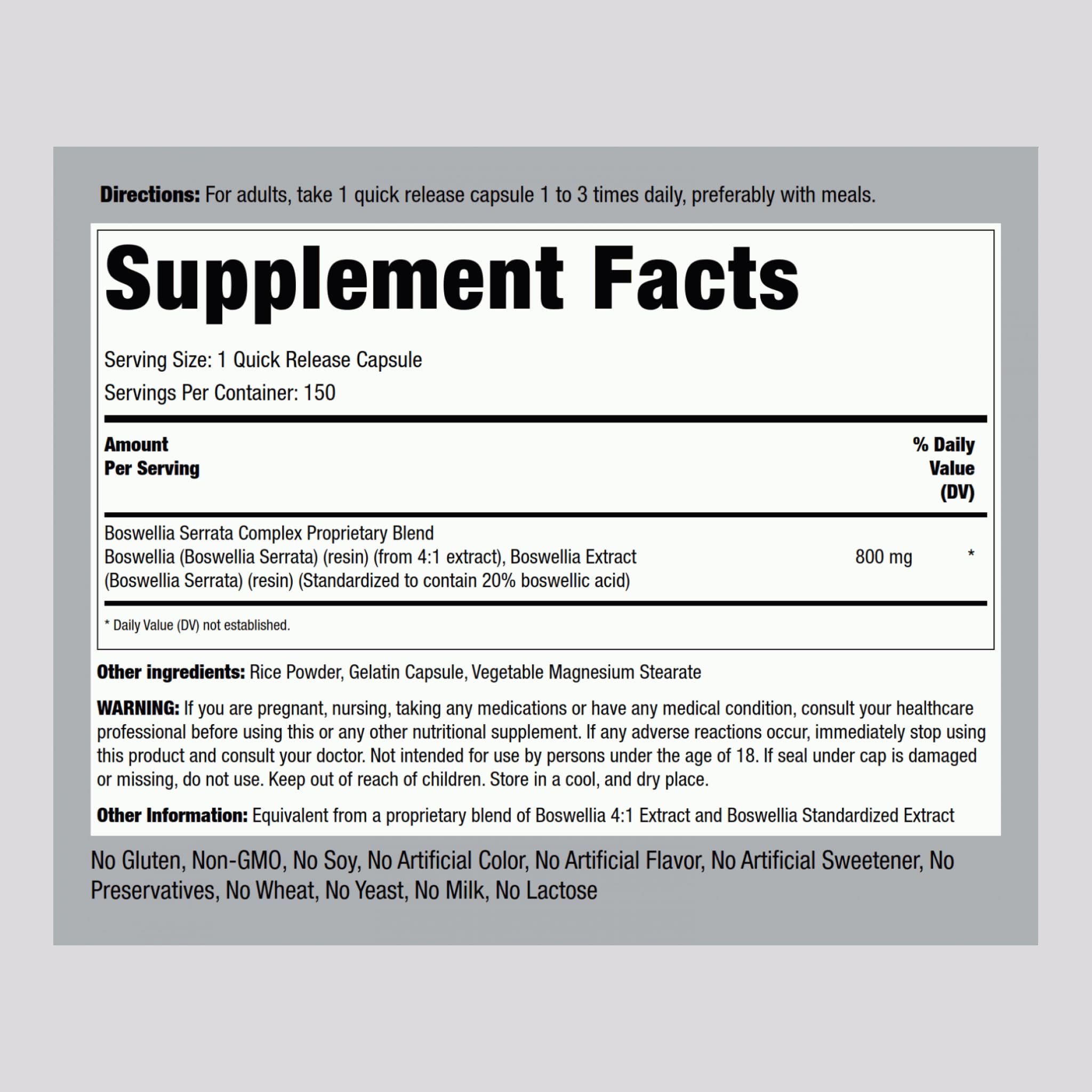 Piping Rock back label close-up showing supplement facts clearly