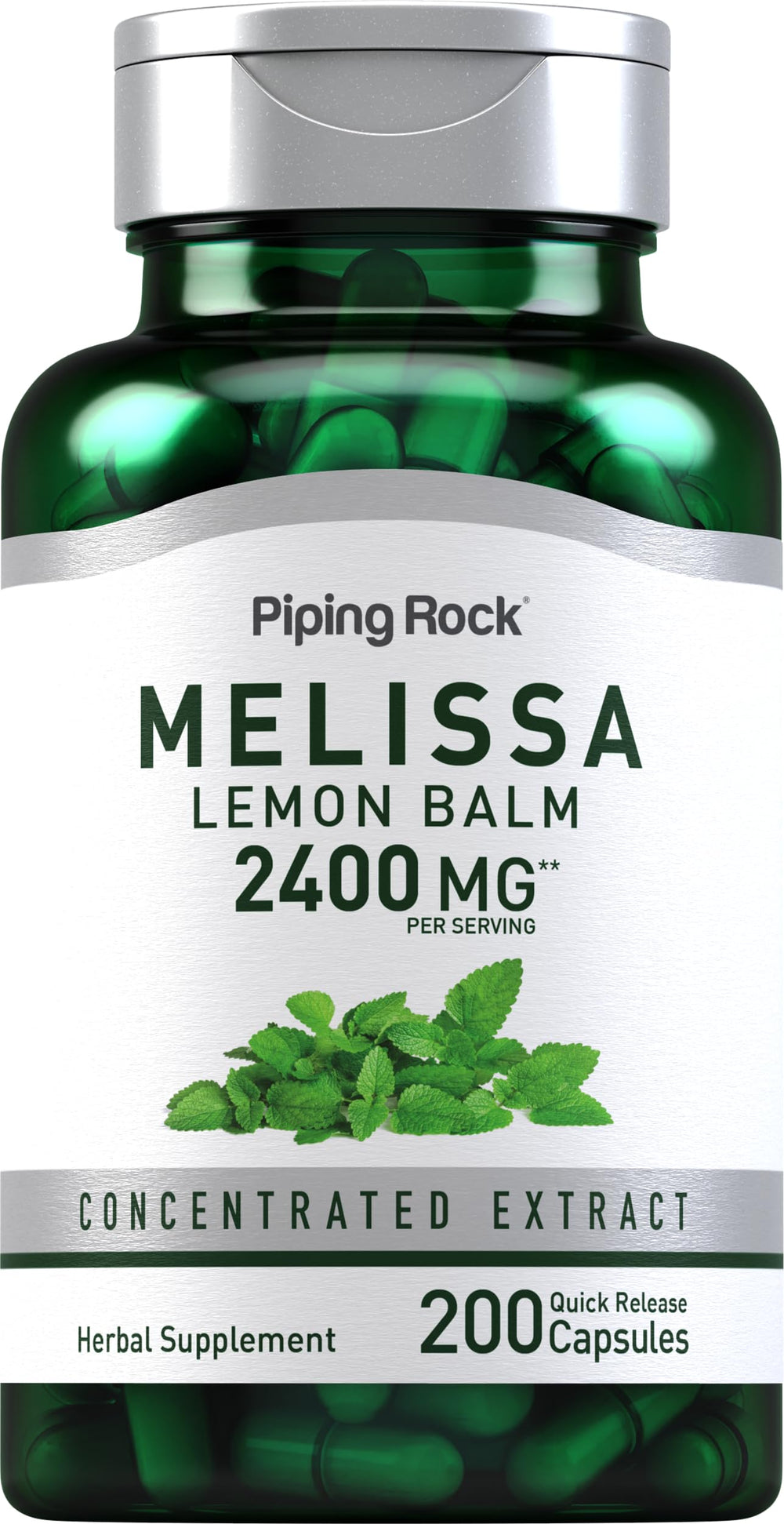 Piping Rock bottle front showing 200-count lemon balm capsules and clear labeling benefit: long supply
