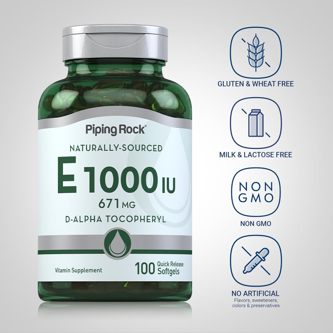 Piping Rock bottle open with softgels visible, convenient daily dosing