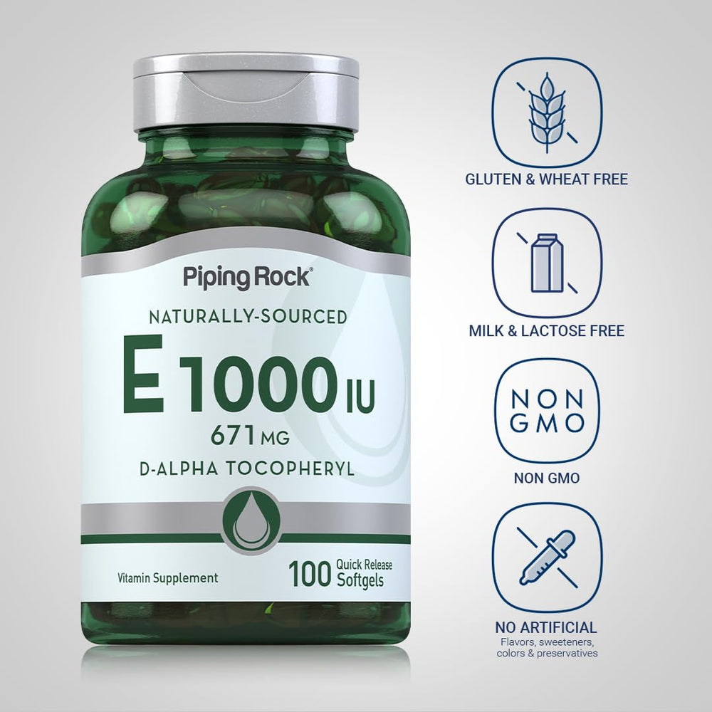 Piping Rock bottle open with softgels visible, convenient daily dosing