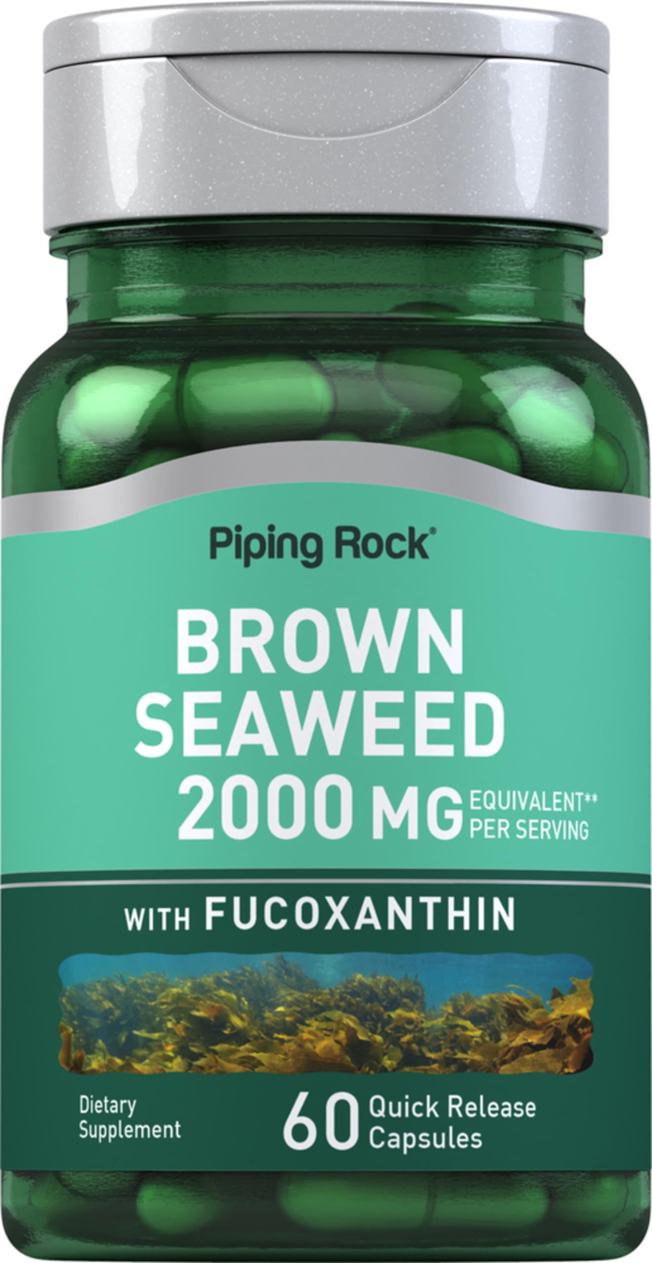 Bottle of Piping Rock Brown Seaweed Capsules 2000mg - 60 Count on white background