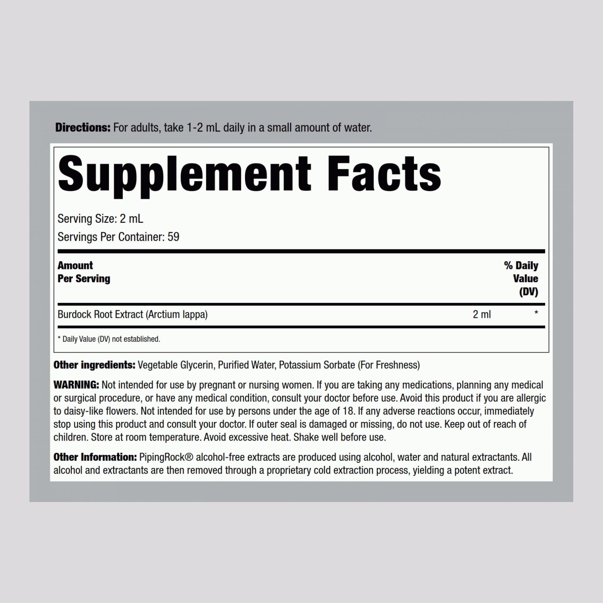 Back of Burdock Root Tincture bottle showing label details